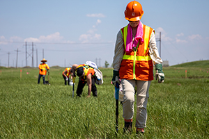 A female wearing orange PPE and a SaskPower hard hat walking through a field of grass. 